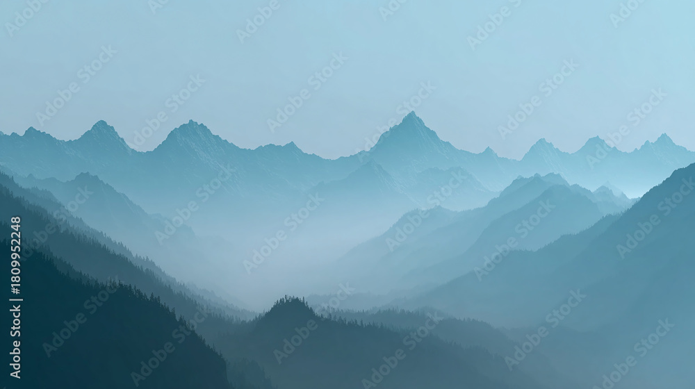 Obraz premium An ethereal landscape of layered blue mountain ranges, shrouded in mist under a tranquil sky. The scene evokes a sense of vastness and serenity. 