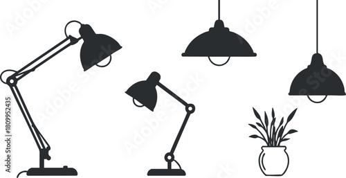 Minimalist black and white vector illustration of various lamps and a potted plant for interior design projects