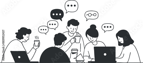 Minimalist black and white vector illustration of a diverse group of people engaging in a collaborative discussion for business and creative projects
