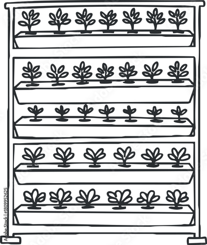 Outline vector illustration of a vertical garden shelf featuring multiple rows of potted plants for home gardening and decor