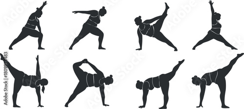 Silhouette vector illustration of diverse yoga poses in a modern flat design for fitness and wellness projects
