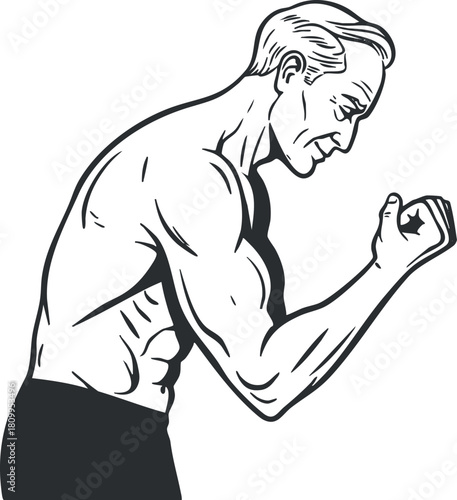 Outline vector illustration of a muscular man flexing his biceps, showcasing strength and fitness for health-related projects.