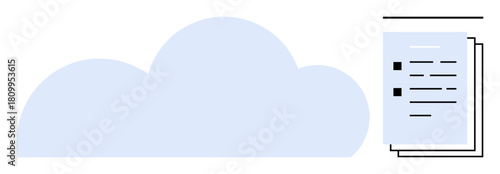 Cloud and document stack represent online storage, digital file organization, remote access, sharing, and backup. Ideal for technology, teamwork, communication, workflow data security innovation