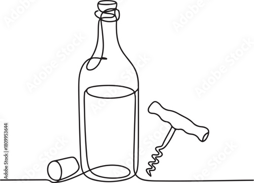 Continuous Line Art Illustration of Bottle Corkscrew and Cork Minimal Still-Life Arrangement