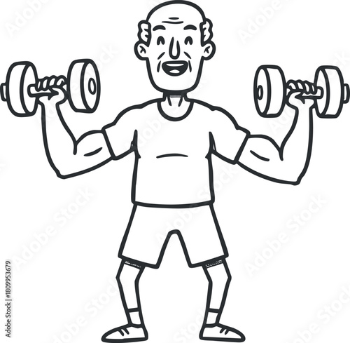 Line art vector illustration of an elderly man lifting dumbbells, showcasing an active fitness lifestyle for wellness and health.