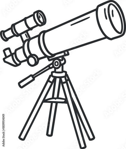 Outline vector illustration of a telescope on tripod for astronomy, science projects, and educational materials