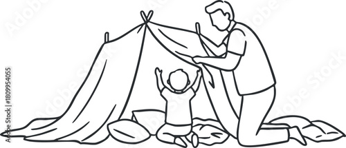 Outline illustration of a father and child building a tent together, perfect for family and parenting concepts