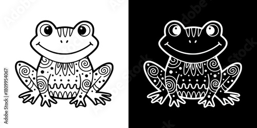 Frog illustration with decorative patterns, Isolated vector image, two versions on transparent and black background, pencil drawing, chalk drawing
