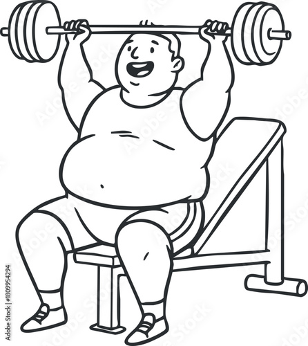 Line art illustration of a cheerful man lifting a barbell while seated on a bench, representing fitness and strength training concepts.