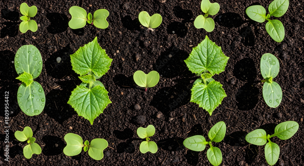 Naklejka premium Overhead view of cucumber seedlings in soil, showcasing the early stages of plant growth and development