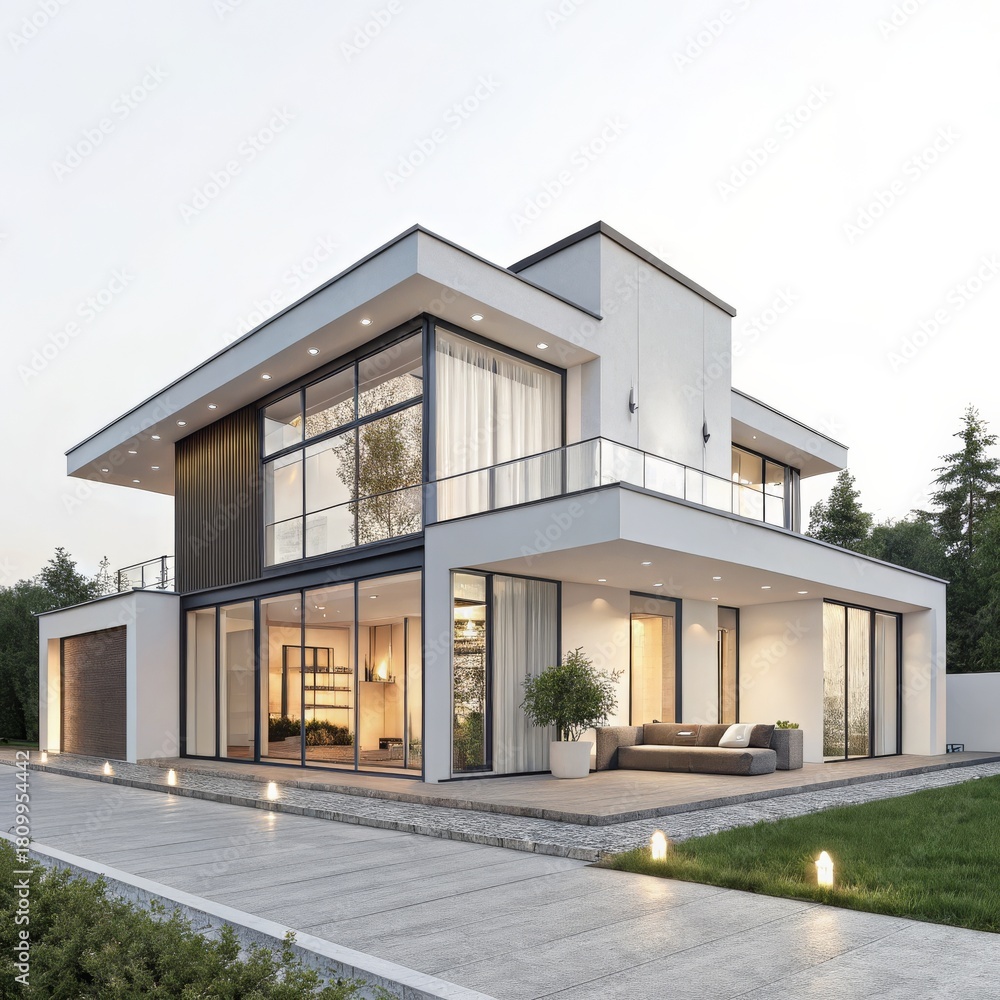Naklejka premium Modern Architectural House Luxe Exterior Render, Floor-to-Ceiling Windows, Outdoor Living Space, Contemporary Design, Luxury Residence, Real Estate Marketing. Architecture, Interior
