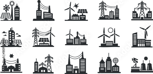 Collection of minimalist black and white vector icons depicting various energy industries and infrastructure for design projects
