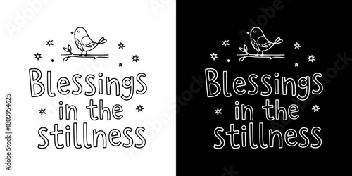 Blessings in the Stillness artwork featuring bird and flowers, isolated vector image, two versions on transparent and black backgrounds, pencil drawing, chalk drawing
  
