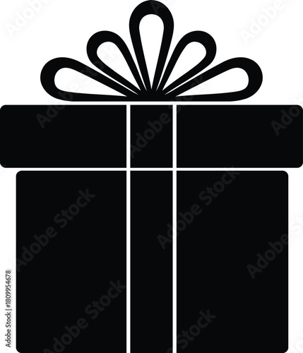 Black silhouette of a gift box with a decorative bow, isolated on white background