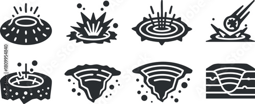Set of modern flat icons depicting explosion effects, craters, and impact symbols for design and graphic projects