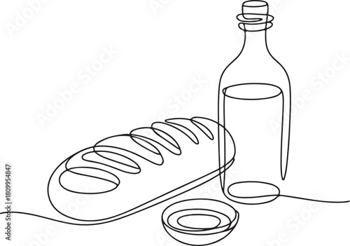 Continuous Line Art Illustration of Bread Loaf Olive Oil Bottle and Dipping Dish Minimal Style