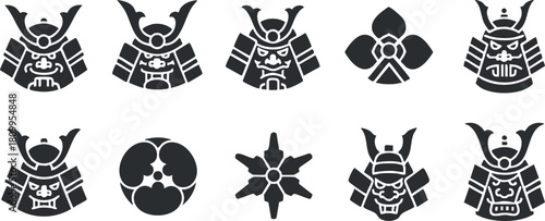 Set of black and white vector icons featuring traditional samurai helmets and Japanese symbols for cultural design projects.