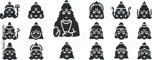 Set of minimalist black and white vector icons depicting various Hindu deities for cultural and religious design projects