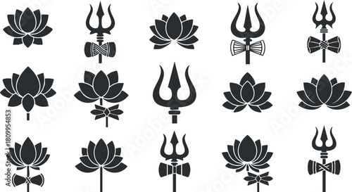 Vector icon set featuring lotus flowers and trident symbols in a minimalist black and white style for spiritual and cultural design projects