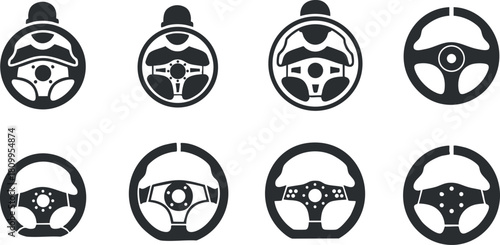 Set of minimalist black and white vector icons featuring various steering wheels for automotive and transportation design projects