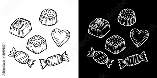Assorted hand-drawn candies in various shapes, isolated vector image, two versions on transparent and black backgrounds, pencil drawing, chalk drawing
