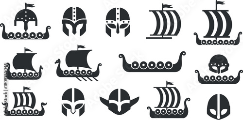 Set of minimalist black and white vector icons featuring Viking ships and warrior helmets for historical and nautical design projects