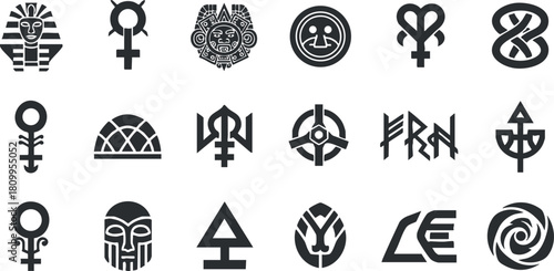 Collection of modern geometric vector symbols and icons representing cultural and historical themes for branding and design projects