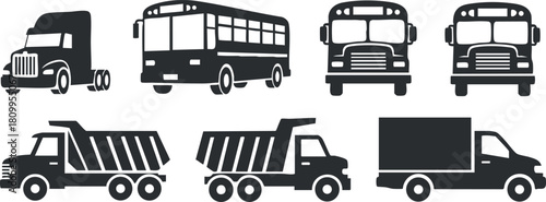 Flat black and white vector icon set featuring various trucks and buses for transportation and logistics design projects