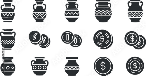 Collection of minimalist black and white vector icons featuring vases and coins, suitable for finance and decorative design projects