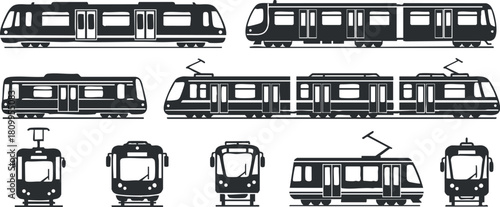 Collection of minimalist black and white vector illustrations of various train and tram designs for transportation themes
