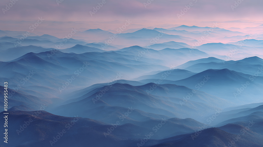 Obraz premium Mystical mountain range shrouded in a blanket of fog, creating a breathtaking and ethereal landscape. The soft, layered atmosphere adds depth and a sense of serenity to the scene