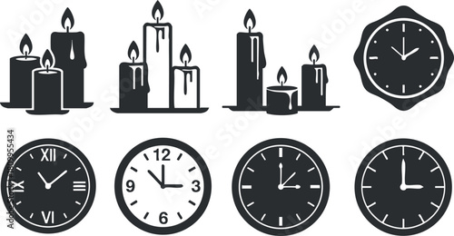 Minimalist vector icon set featuring various candle designs and clock styles for home decor and event themes