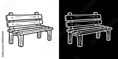 Wooden garden bench, isolated vector image, two versions on transparent and black backgrounds, pencil drawing, chalk drawing
