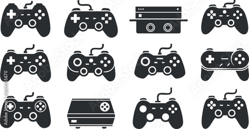 Collection of modern and retro gaming controller vector icons in a minimalist black and white style for digital design projects