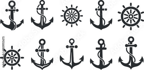 Collection of black and white vector icons featuring anchors and ship wheels for nautical-themed design projects