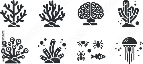 Collection of minimalist black and white vector illustrations featuring various coral types, marine life, and jellyfish for environmental design projects.