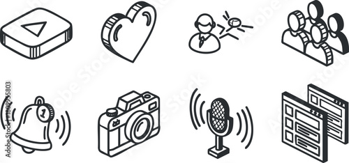 Modern flat design vector icon set featuring communication and media symbols for branding and user interface projects