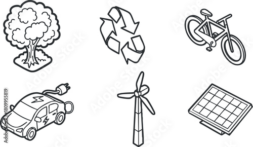 Flat line vector collection of eco-friendly symbols including tree, recycling, bicycle, electric car, wind turbine, and solar panel