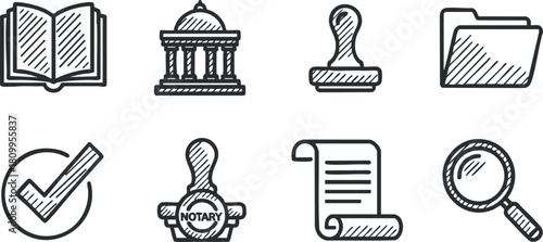 Collection of minimalist vector icons representing notary services, legal documents, and verification concepts for administrative and business use
