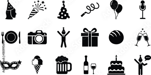 Party celebration icons set in black and white style