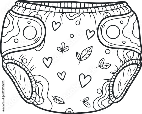 Playful outline vector illustration of a baby diaper featuring a cute pattern with hearts and leaves, ideal for parenting and baby care designs