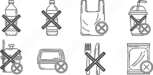 Outline vector icons illustrating banned single-use plastic items for environmental awareness in a minimalist style