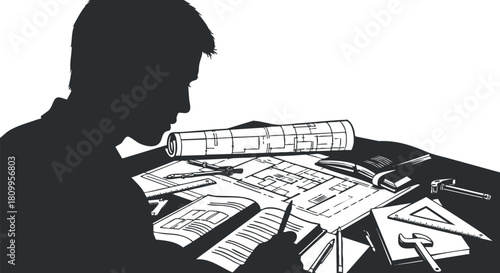 Silhouette vector illustration of an architect working on blueprints and design plans at a drafting table
