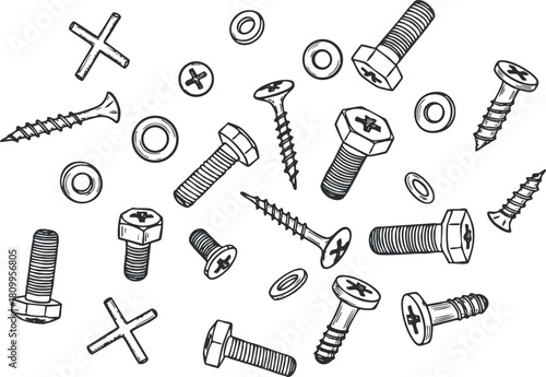 Hand-drawn outline vector illustration of various screws and fasteners for engineering and design projects
