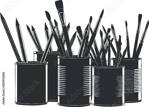 Minimalist black and white vector illustration of paintbrushes in various cans for art and design projects
