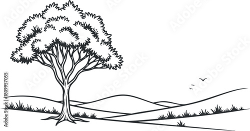 Minimalist black and white vector illustration of a tree in a serene landscape for nature-themed design projects