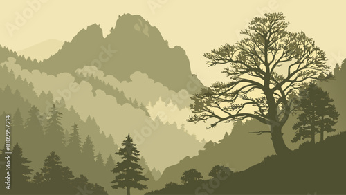 Great Smoky Mountains Retro Fog Scene – National Park Landscape Vintage Rustic Americana Outdoor Adventure Vector Design