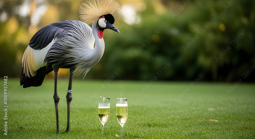 Naklejka premium A grey crowned crane stands on a lawn near champagne glasses, an elegant concept representing luxury, nature, and sophisticated outdoor events
