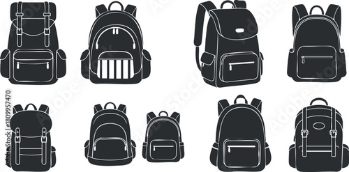 Collection of minimalist black vector illustrations featuring various backpack designs for travel and lifestyle use