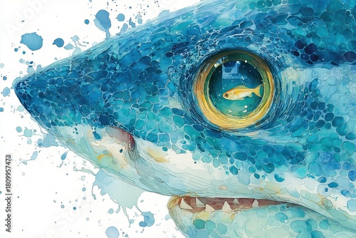 A fish is reflected in the eyes of a watercolor shark